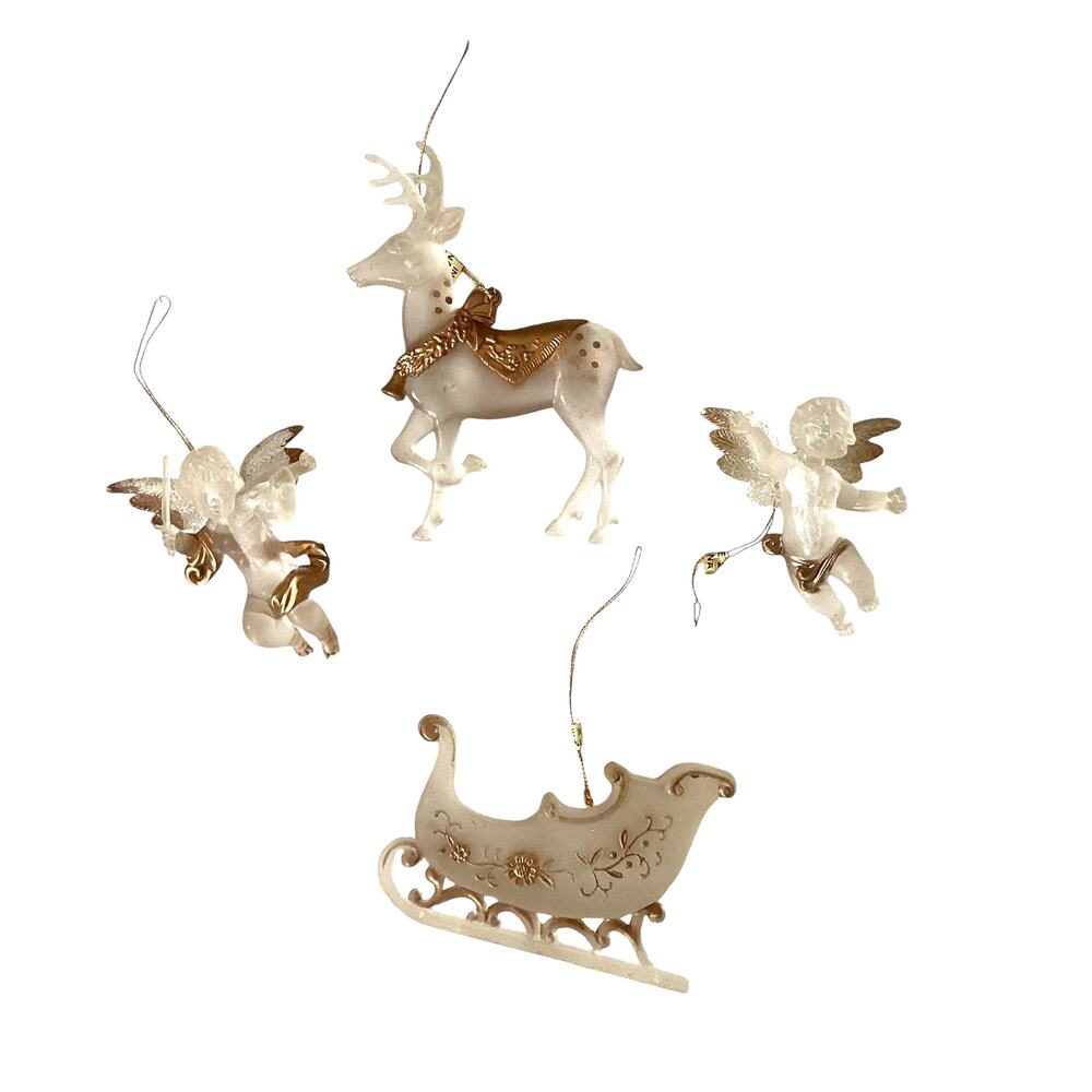 Christmas Ornaments Vtg Set of 4 Frosted Gold Trim Sleigh, Reindeer, Angels
